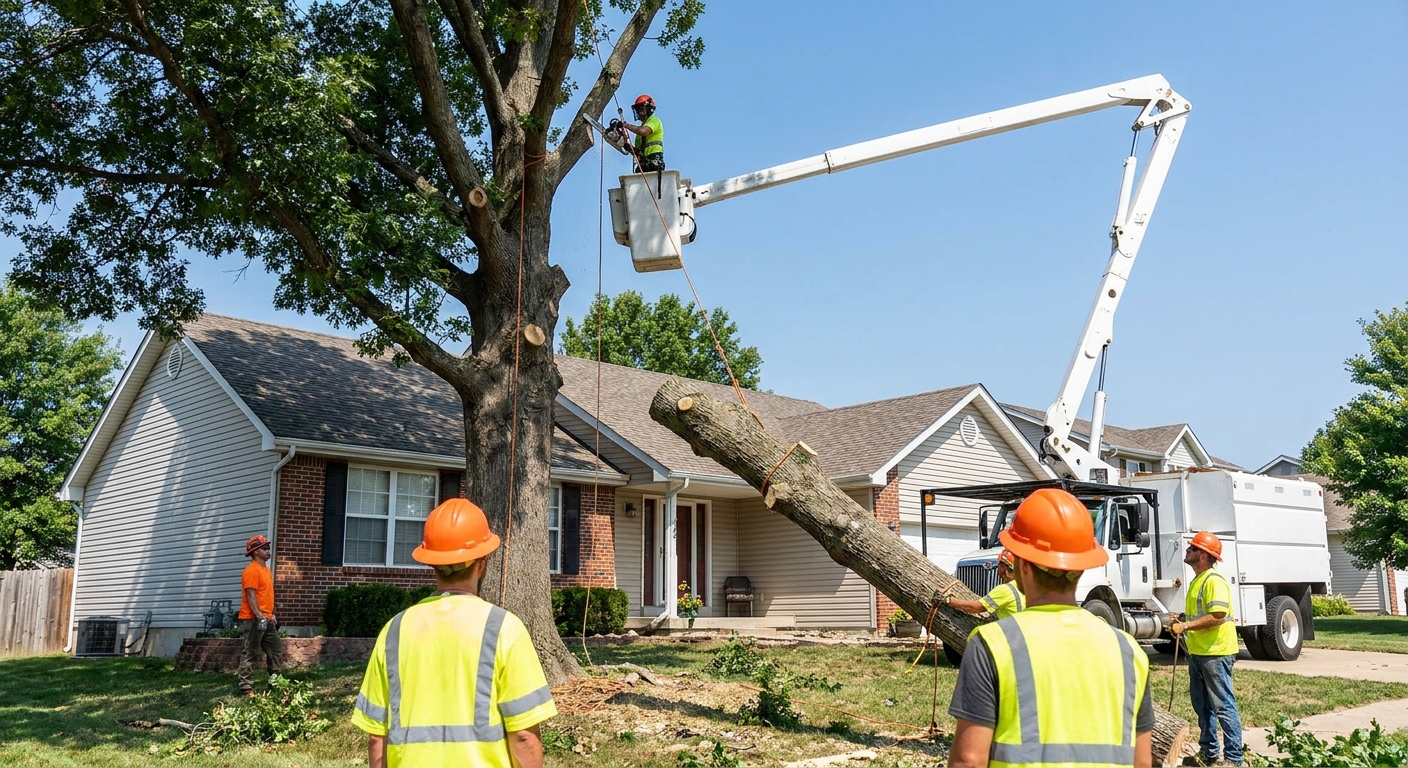 Professional tree removal crew with bucket truck taking down a large oak