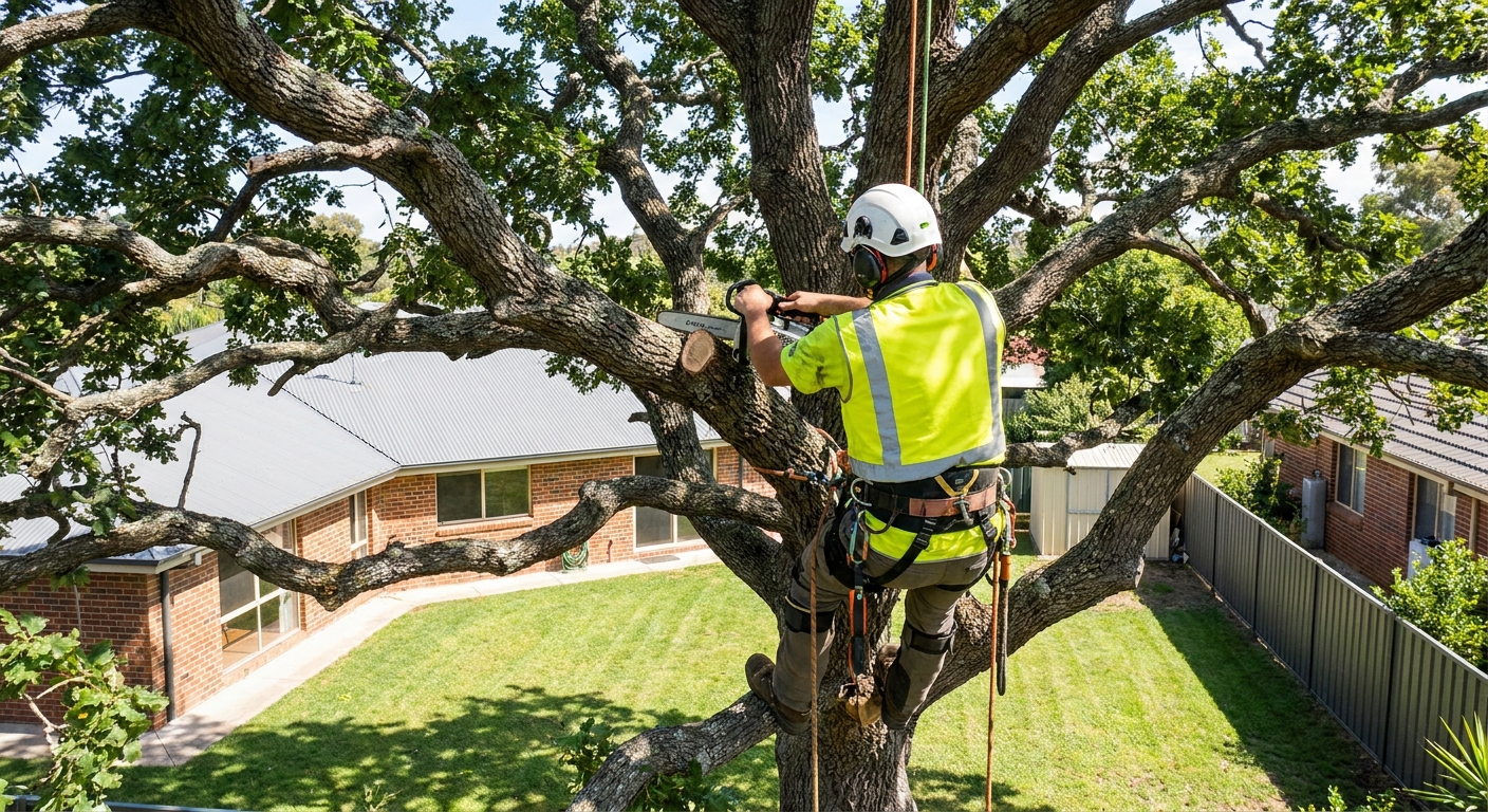 Certified arborist trimming and pruning a mature tree