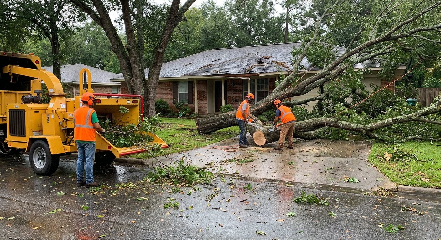 Crew cleaning up storm-damaged tree from a Mid-Missouri home